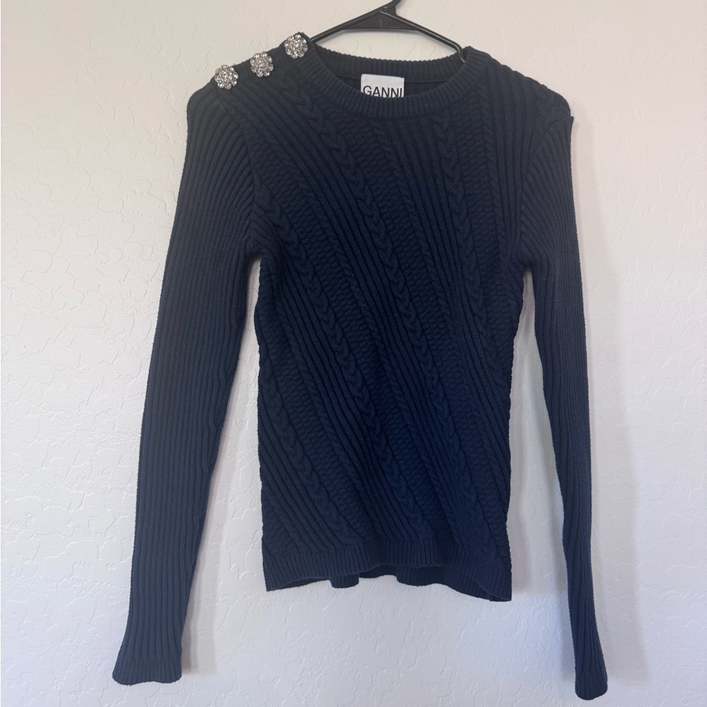 Ganni navy blue crew neck sweater with silver rhinestone buttons size small